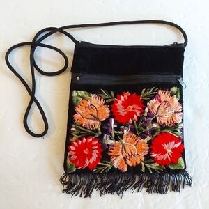 Women's Black Velvet Multi-Color Embroidered Mini Bag Dress Vintage